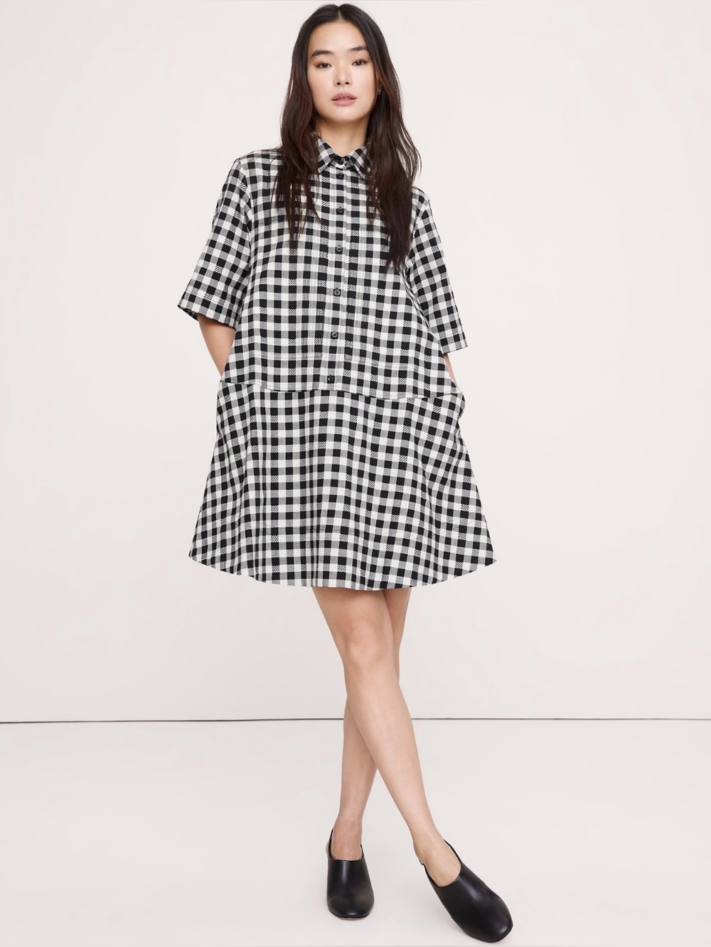 NWT Banana Republic Cotton Poplin Trapeze Mini Black Gingham Dress Sz S/T